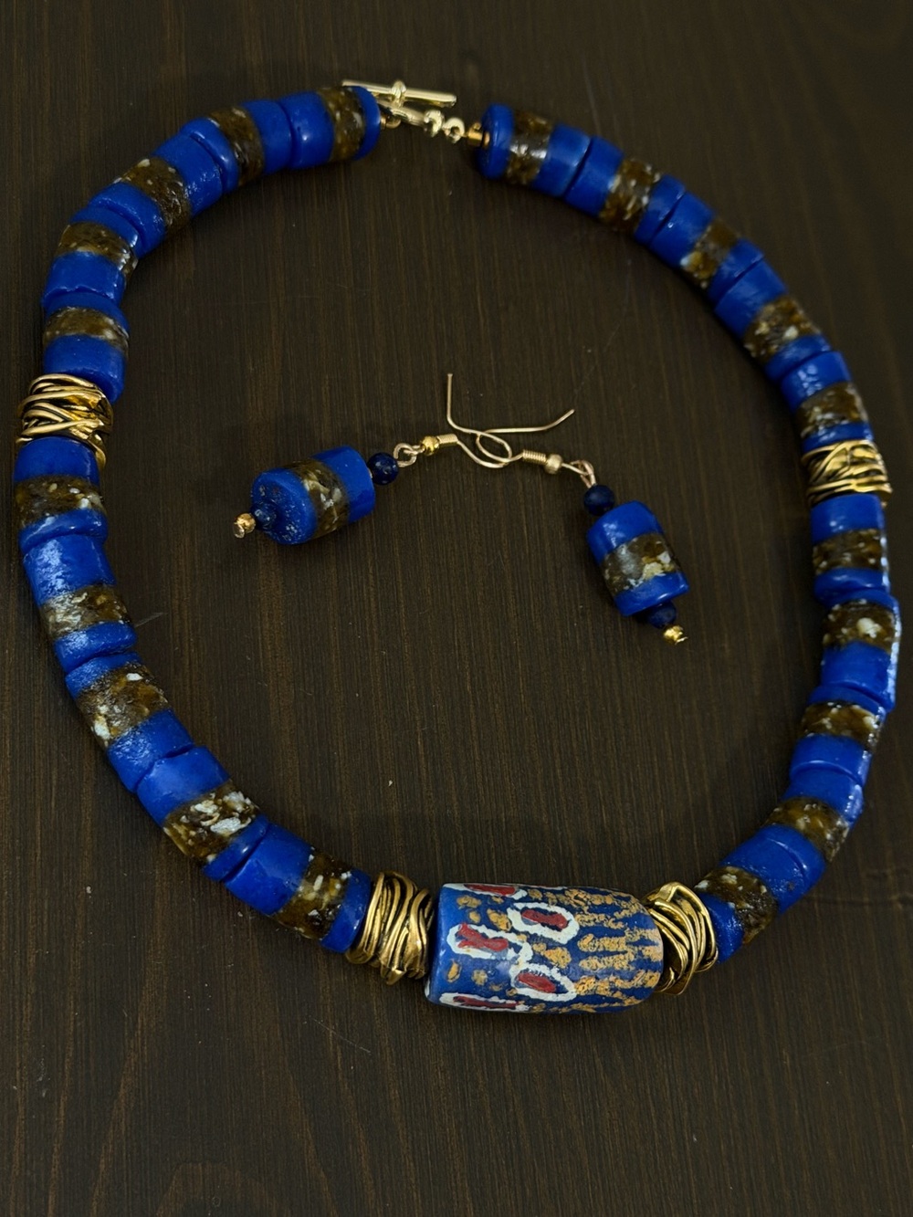 Handmade Blue African Trade  Bead Necklace & Earrings Set - Unbranded